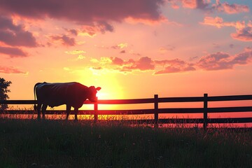 Wall Mural - Silhouette of a cow at sunset near a wooden fence on a farm