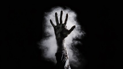 Wall Mural - Spooky hand reaching upward, surrounded by mist or smoke against a dark background.