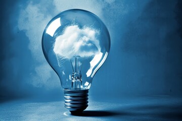 Wall Mural - Cloud Computing Concept Fluffy White Cloud Inside a Classic Light Bulb on Blue Background