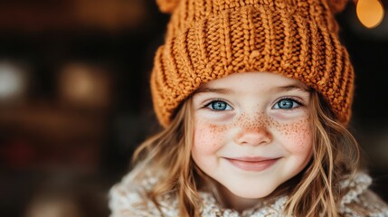 A child with vivid blue eyes and an adorable smile wears a knit orange hat. Soft lighting and warm tones enhance the cheerful, carefree mood of the image.