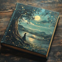 Poster - A mystical book with a serene landscape under a full moon.