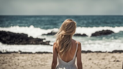 Wall Mural - Woman on the beach looking at the sea