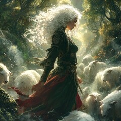 Canvas Print - A mystical figure with curly hair guiding sheep through a forest.