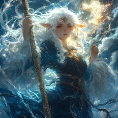 Wall Mural - A mystical figure with elven features, wielding magic in a stormy sea.