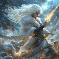 Poster - A mystical figure with flowing hair conjures fire amidst snowy dogs.