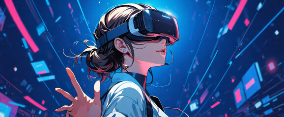 woman wearing virtual reality glasses and a headset on a solid blue background. Augmented reality, games, future technologies. Metaverse digital virtual reality technology.