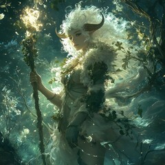 Poster - A mystical figure with horns, surrounded by nature and light.