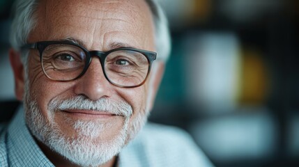 An endearing portrait of an elderly man with glasses, smiling warmly, depicting wisdom, experience, and a gentle demeanor, against a soft-focused background.