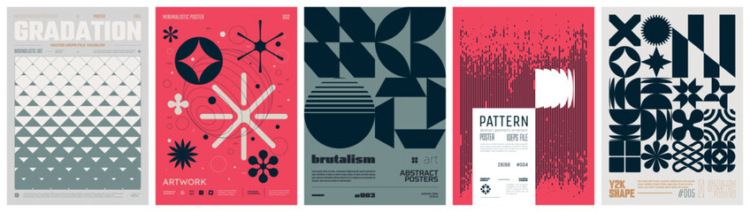 Leinwandbilder - Set modernism art colorful trendy poster, artwork minimalistic and  brutalism style, abstract geometric A4 rave postmodern composition, vector simple shapes print graphic in Y2K aesthetics, set 13