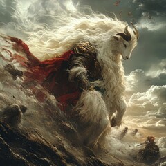 Canvas Print - A mythical creature with a goat's head and flowing white mane in a dramatic landscape.