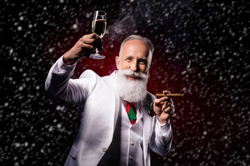 Sticker - Photo of aged man happy positive smile drink alcohol glass party smoke x-mas isolated over dark color background