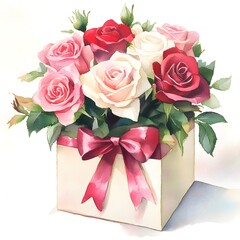 Sticker - Watercolor Painting of Roses in Gift Box