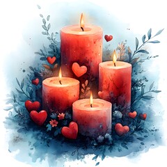 Wall Mural - Watercolor Painting of Burning Candles with Hearts and Leaves