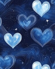 Poster - A pattern featuring blue hearts on a dark starry background.