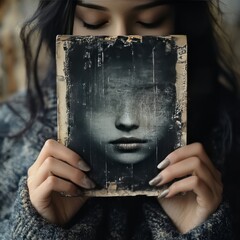 Canvas Print - A person holding a vintage photo with a faceless portrait.