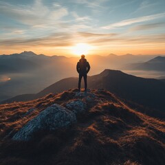 Sticker - A person standing on a mountain peak at sunset.