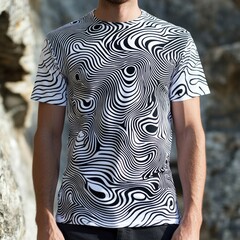 Sticker - A person wearing a black and white abstract patterned t-shirt.