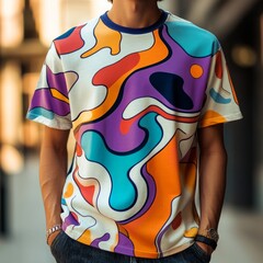 Poster - A person wearing a colorful abstract patterned t-shirt outdoors.