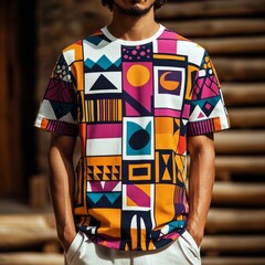 Poster - A person wearing a colorful, geometric patterned t-shirt outdoors.