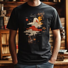 Poster - A person wearing a graphic t-shirt with abstract landscape design.