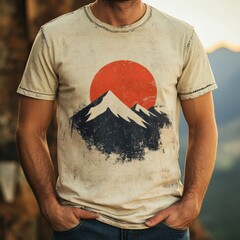 Poster - A person wearing a mountain-themed graphic t-shirt outdoors.