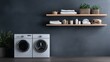 © Dulemegapixel - A contemporary laundry room featuring a washer and dryer set against a sleek dark wall, complemented by wooden shelves neatly arranged with various laundry essentials, creating an organized and funct