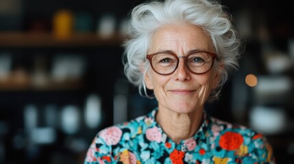 Cheerful portrait of an elderly woman with white wavy hair and glasses in a floral blouse, set in a softly lit interior, radiating wisdom and kindness.