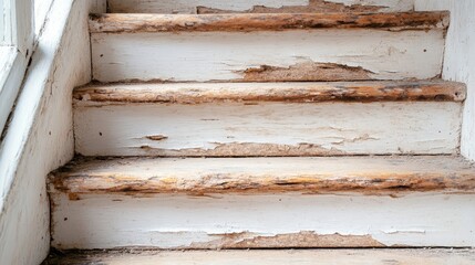 A close-up photograph focusing on the worn details of an aged wooden staircase, with rustic lighting highlighting the textures and colors of the weathered wood.