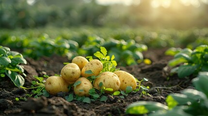 Wall Mural - A sunny agricultural field with freshly harvested potatoes laying in the soil, showcasing the vibrant growth of potato plants under natural sunlight