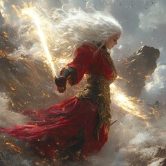 Canvas Print - A powerful warrior wielding glowing swords amidst a dramatic landscape.