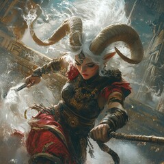 Canvas Print - A powerful warrior with horns, wielding a weapon in a dynamic pose.