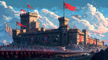 A vibrant 16-bit pixel art scene of a fantasy epic battle war at the castle