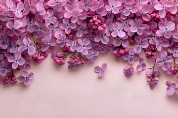 Wall Mural - A bunch of purple flowers are arranged in a row on a pink background. The flowers are in full bloom and are arranged in a way that creates a sense of harmony and balance