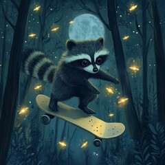 Sticker - A raccoon skateboarding under a moonlit forest with glowing lights.