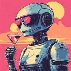 Sticker - A robot holding a cocktail against a colorful sunset backdrop.