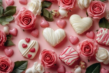 Sticker - A romantic arrangement of heart-shaped cookies and roses.