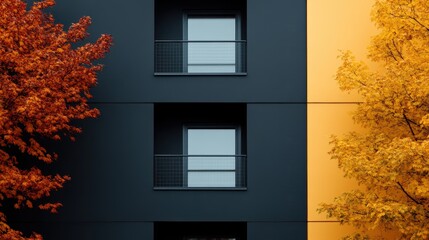 Symmetrical view of a modern apartment building facade featuring yellow and dark gray colors. The outdoor scene is complemented by colorful autumn leaves framing the structure.