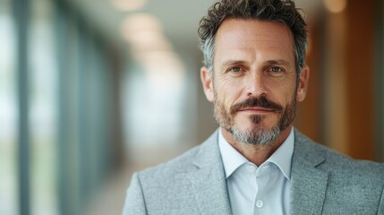 A focused executive with gray hair and a beard stands confidently in a bright corporate hallway, wearing a suit and exuding authority and experience.