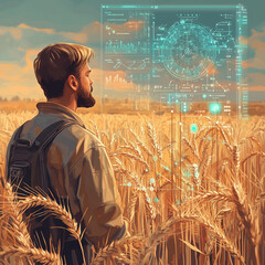 A man is standing in a field of wheat, looking at a computer screen. The screen shows a map of the field and various data points, such as the moisture levels and the growth of the wheat