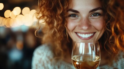 With a joyful smile, the curly-haired woman holds up a wine glass, surrounded by ambient lights and capturing the warmth and essence of the moment.