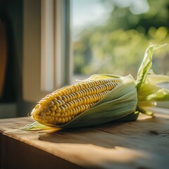 Wall Mural - A fresh ear of corn resting on a wooden surface, illuminated by natural light.