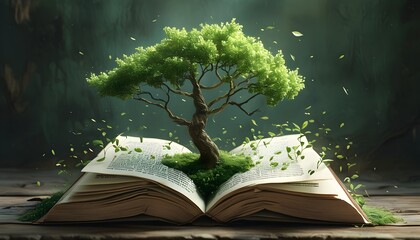 Wall Mural - Nature and Literature Intertwined: A Tree Sprouting from an Open Book in a Surreal Scene