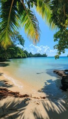 Sticker - A serene beach scene with clear water and lush greenery.