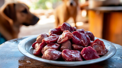 Wall Mural - plate of fresh raw organ meat, including liver and heart, with a dog waiting in the background