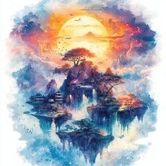 Sticker - A serene floating island landscape at sunset with vibrant colors.