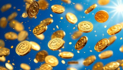 Floating golden coins in a vibrant blue sky symbolizing prosperity and limitless opportunities