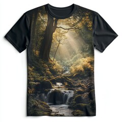 Sticker - A serene forest scene on a t-shirt, featuring sunlight and water.