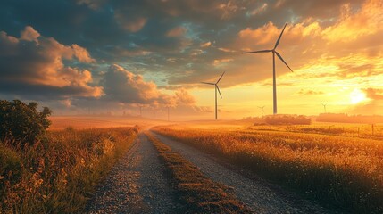 Sticker - A serene landscape at sunset featuring wind turbines and a dirt road.