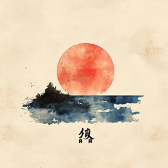 Poster - A serene landscape featuring a large red sun over the ocean.