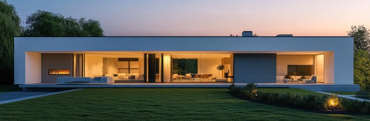 Wall Mural - Modern Minimalist House with Large Windows and Evening Light